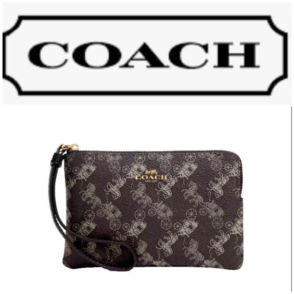 Coach Corner Zip Wristlet Wallet with Horse & Carriage Print Black Grey - Picture 5 of 9